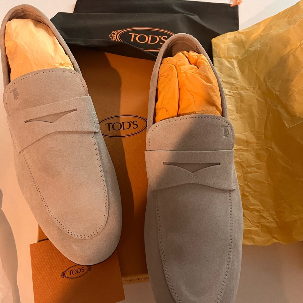Tod's Suede Penny Loafers in Light Taupe